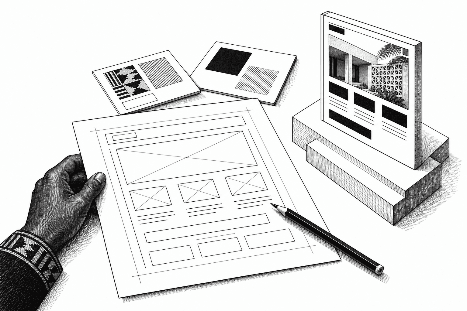 A designer reviewing a wireframe beside a completed interface, with woven pattern samples and courtyard architectural details.